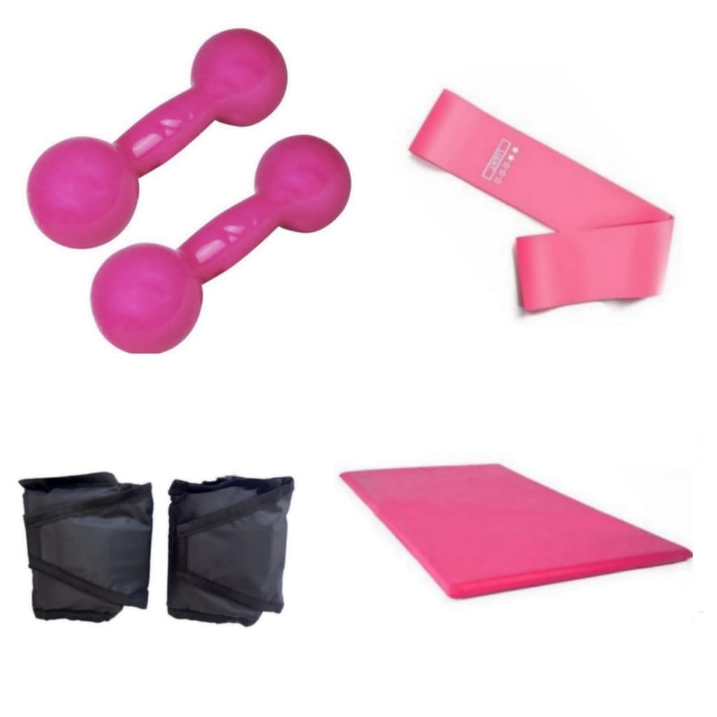 Combo Aérobico Treino Academia Par Halter Peso 2 Kg Emborrachado + Par Caneleira 2 Kg + Colchonete + Elástico Theraband