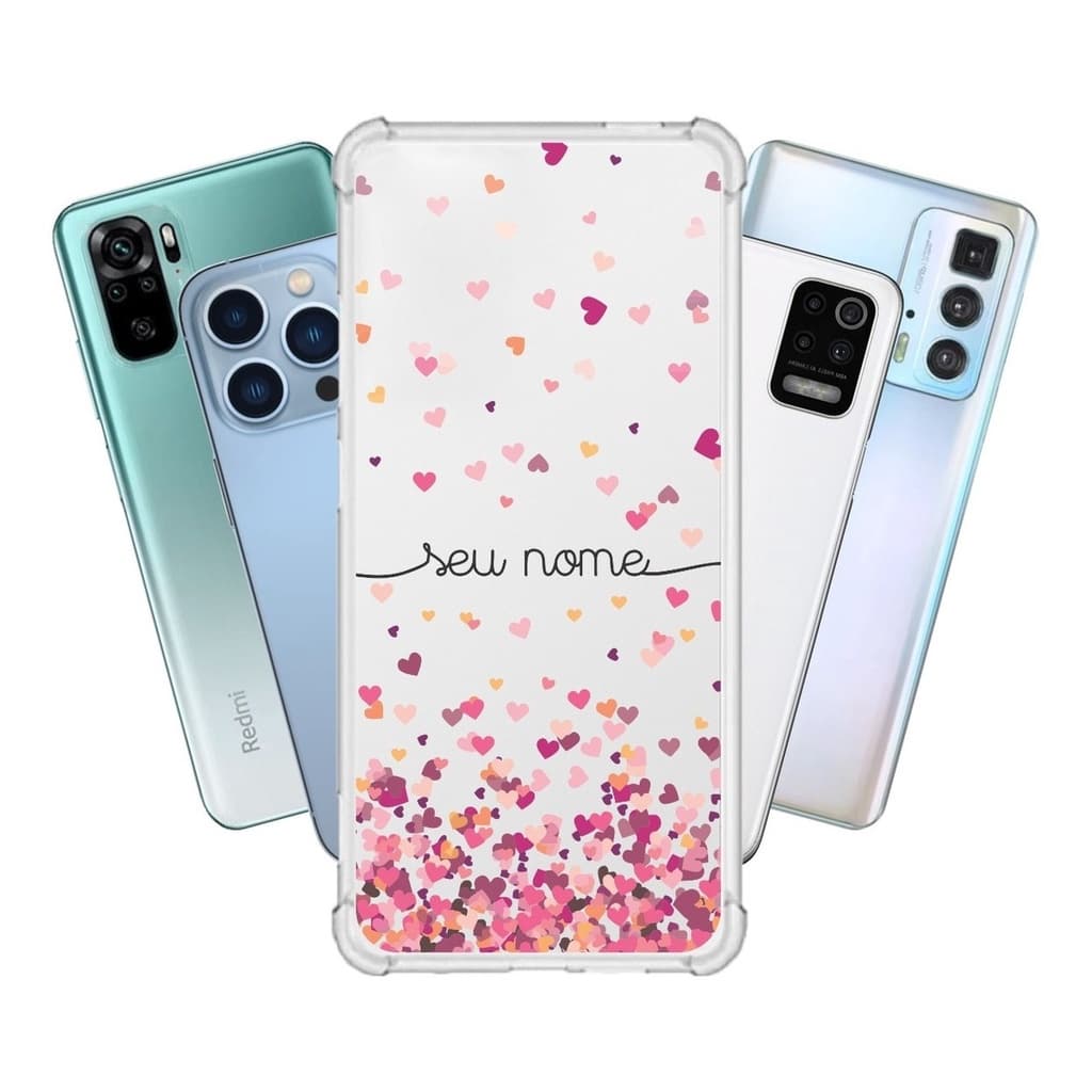 Capinha para Moto E40 Anti Impacto Personalizada - Chuva de corações rosa com nome manuscrito