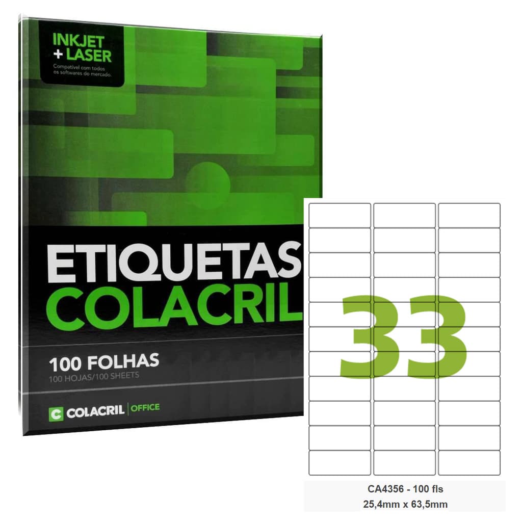 Etiqueta Adesiva A4 CA4356 25,4 x 63,5 mm 100 Folhas Colacril