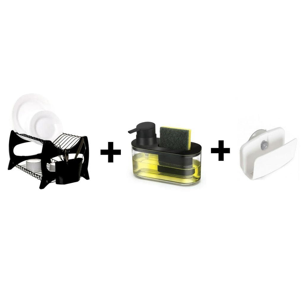KIT Escorredor De Louça + Suporte Porta Esponja + Dispenser Porta Detergente E Bucha Panela