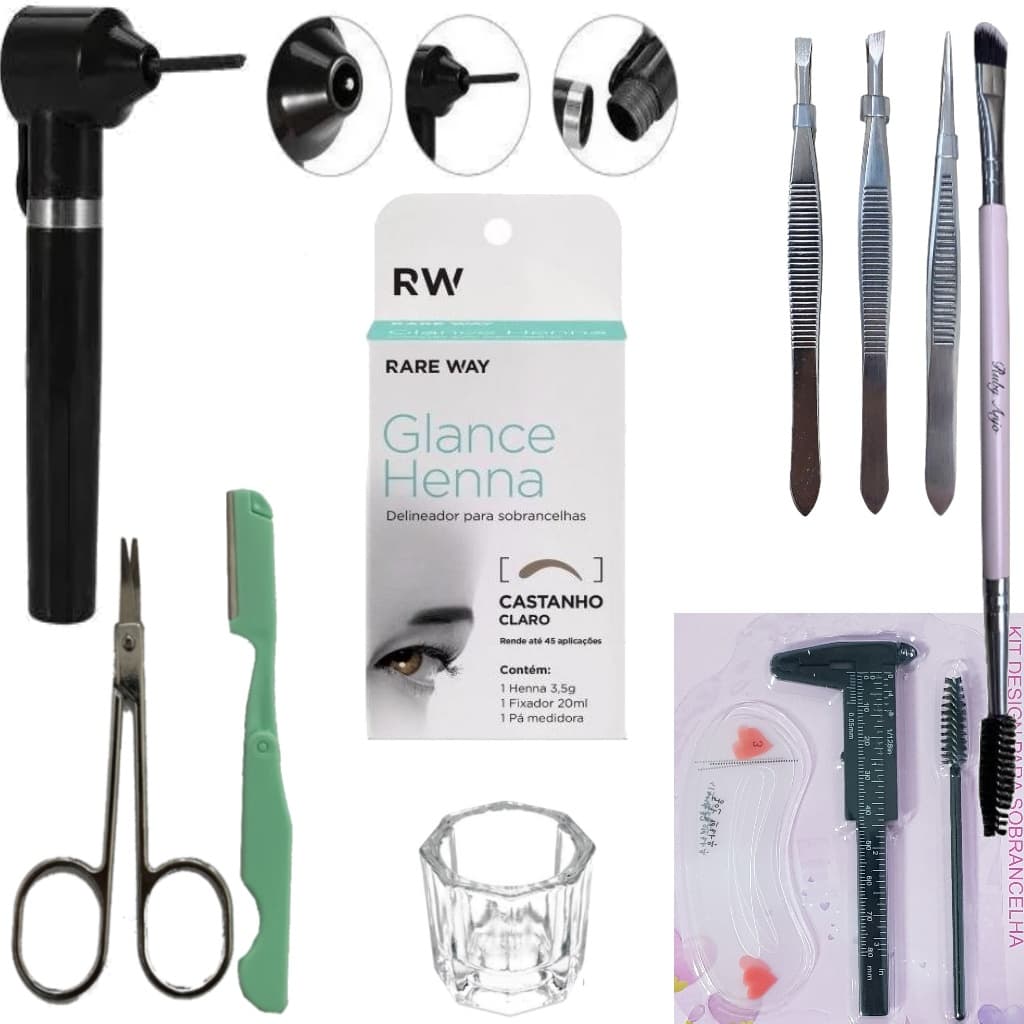 Kit Henna Glance com Acessorios Designer Sobrancelha Pinça Pincel Dappen Mixer