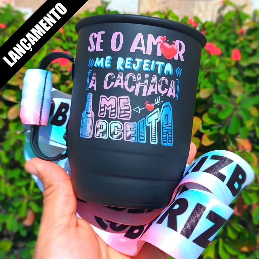 Caneca de alumínio Personalizada - Lançamento Vários Tamanhos Preto Fosco -  Tirante Cordão personalizado - Copo de aluminio personalizado
