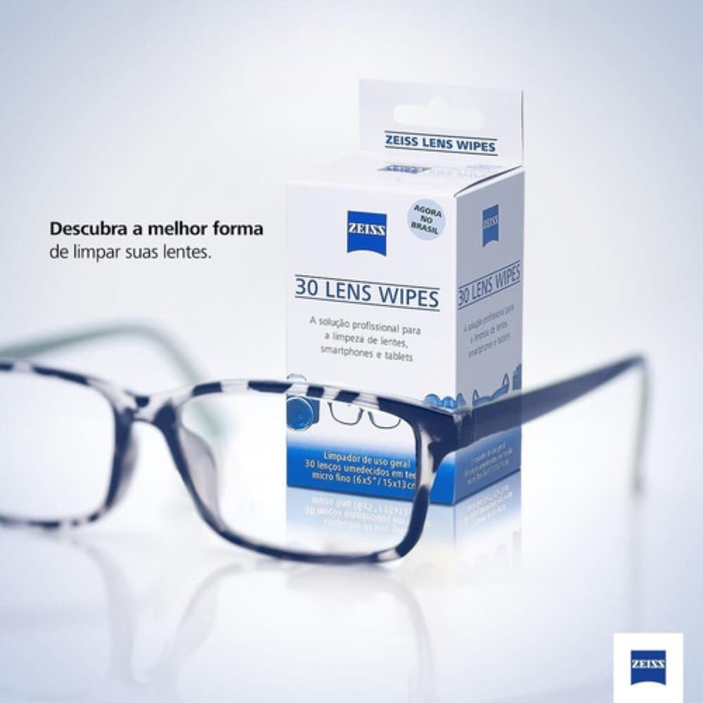30 Lenços Lens Wipes Zeiss para Limpeza de Lentes de Óculos, Câmeras Fotográficas e Celulares