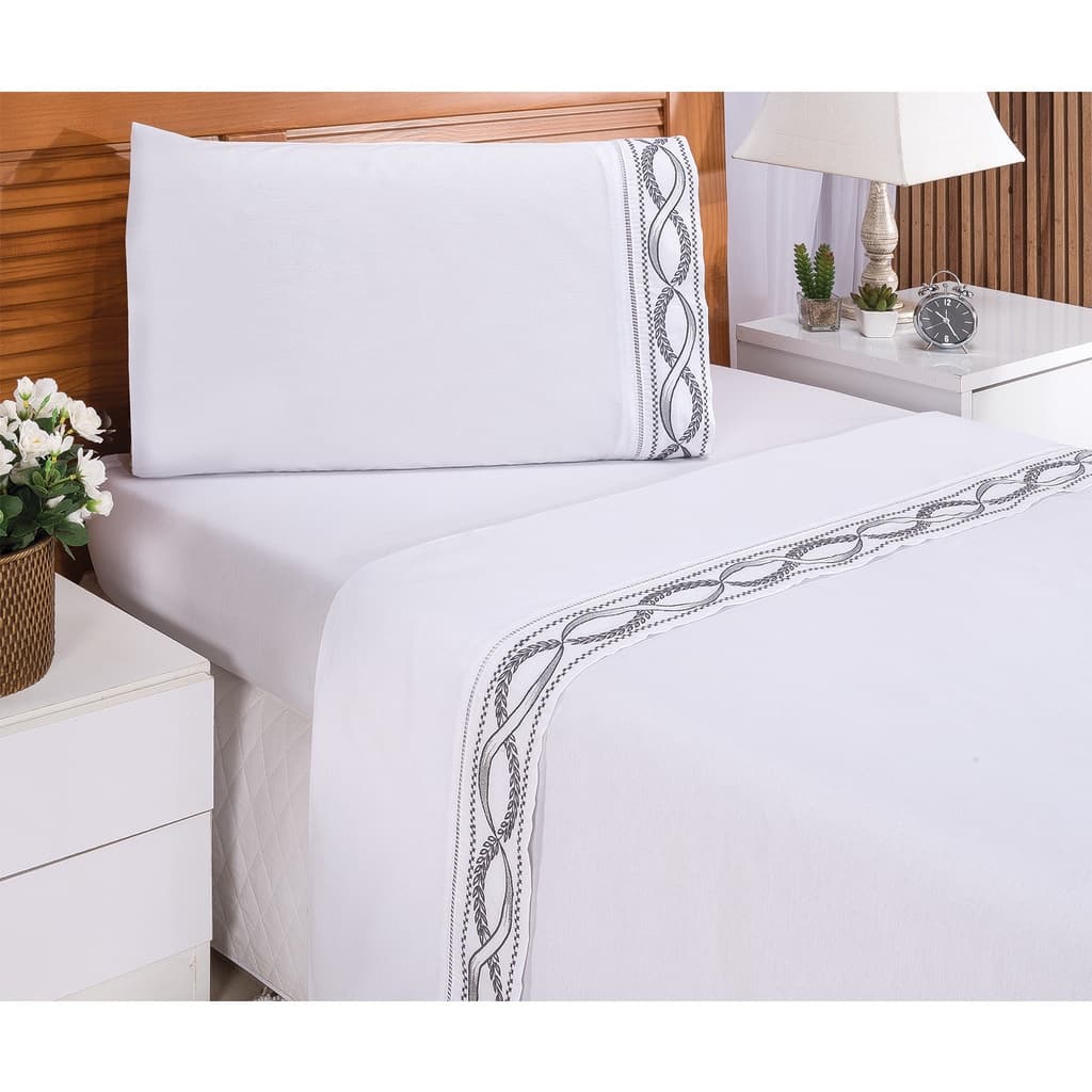 Jogo De Lençol Cama De Solteiro 3 Peças Bordado Percal Algodão 400 Fios