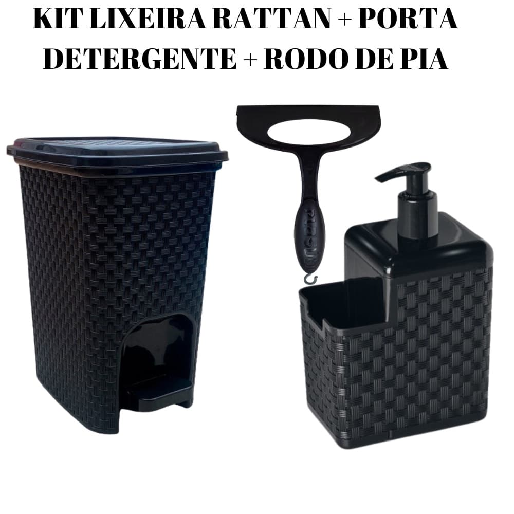 Kit Lixeira Rattan 7 litros Preta Com Pedal Porta Detergente Rodinho de Pia Banheiro Cozinha