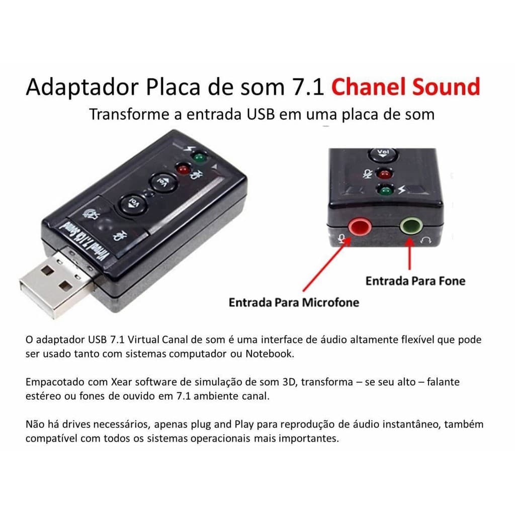 PLACA SOM USB EXTERNA 3D ADAPTADOR ÁUDIO P2 PC NOTEBOOK T11