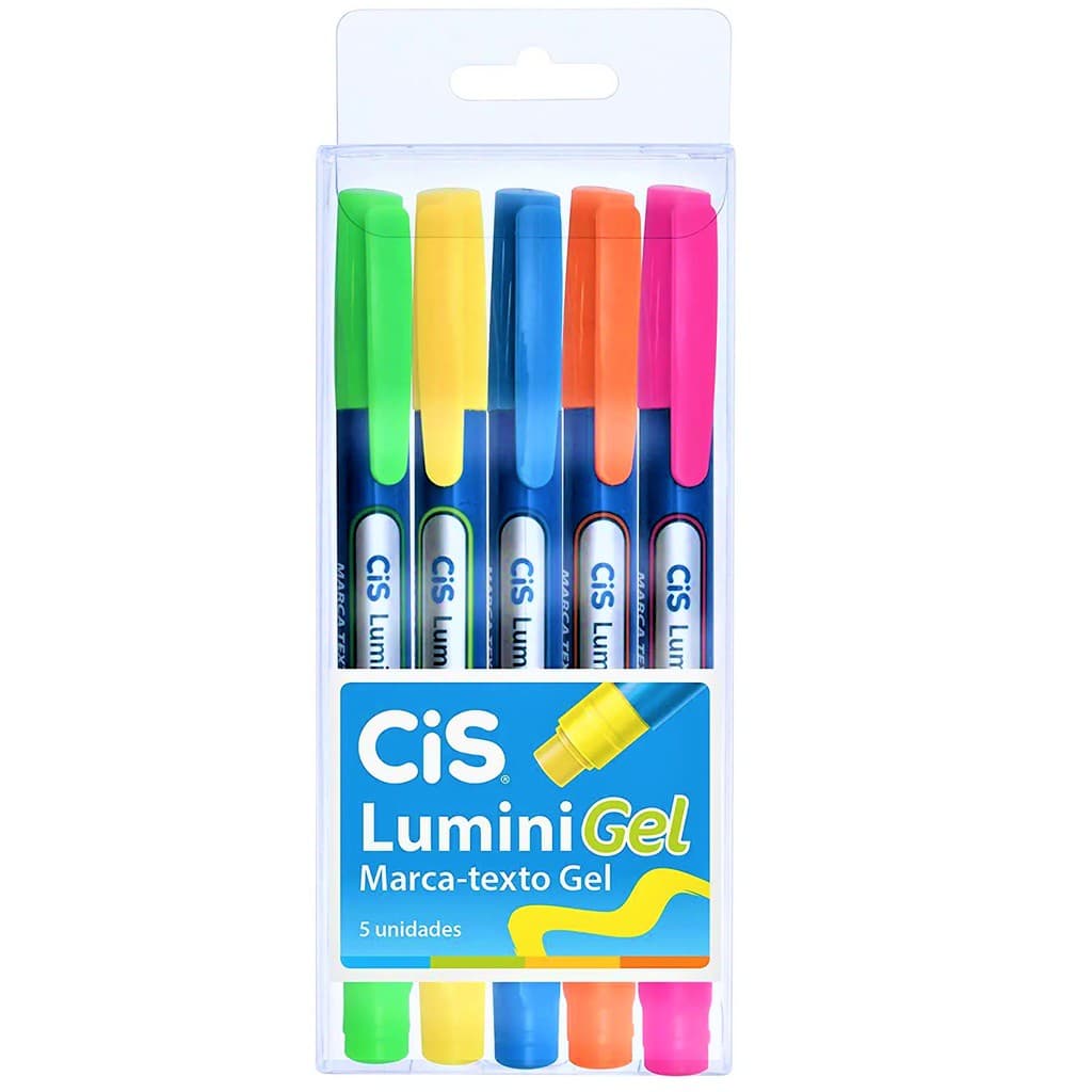 Kit Estojo 5 Marcador Texto Cis Lumini Neon Gel Não Mancha