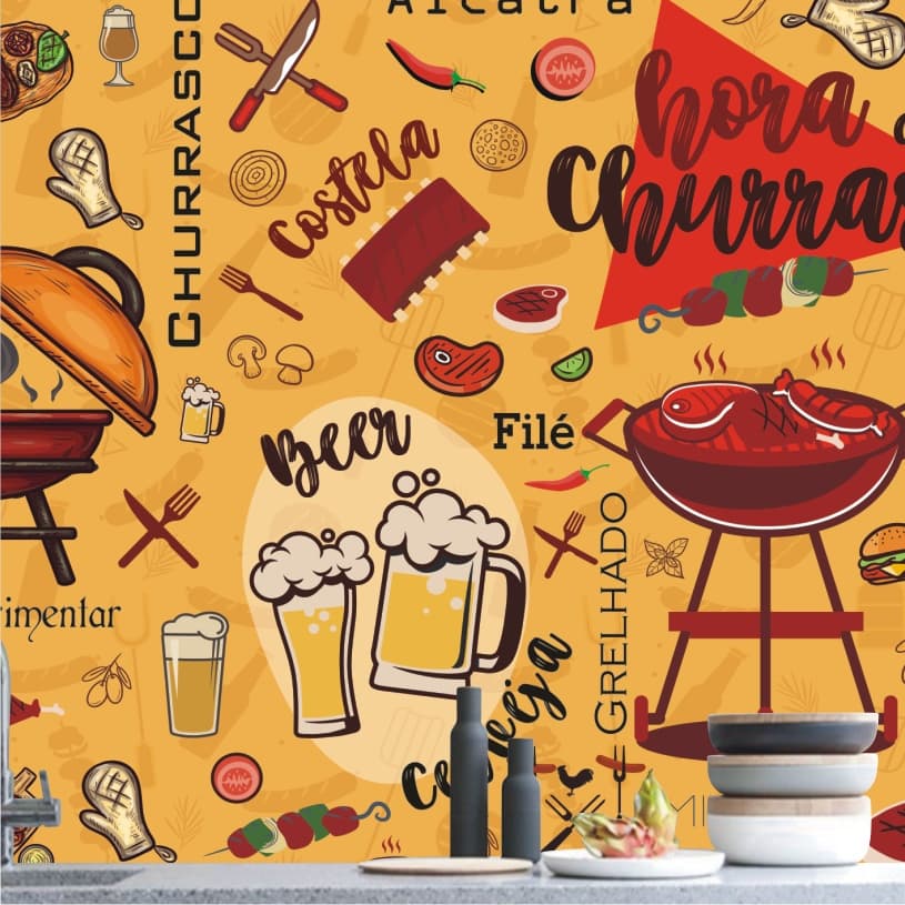 Adesivo Painel Cozinha Churrasco Churrasqueira Papel De Parede Carnes Cerveja M143