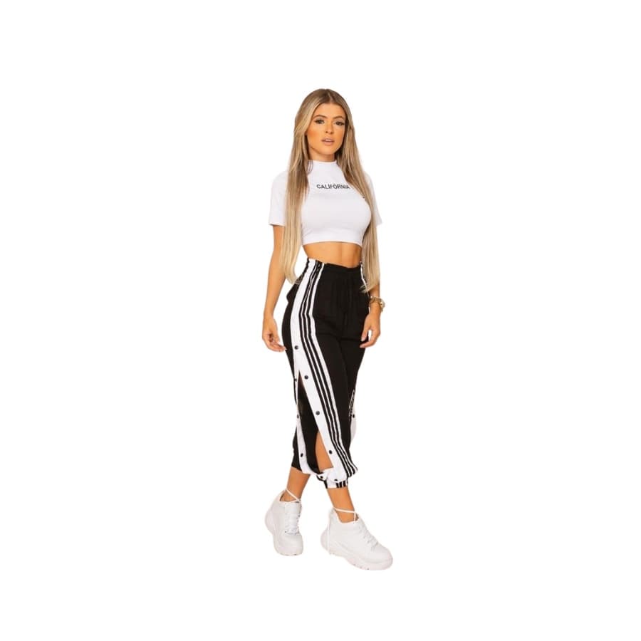 Calça Feminina Jogger Com Punho Listras e Botões Na lateral Em Viscose