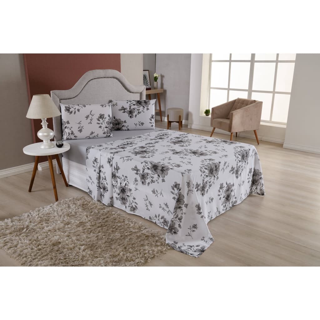 Jogo De Len莽ol Casal King Com Len莽ol Superior Estampado Flores Azuis