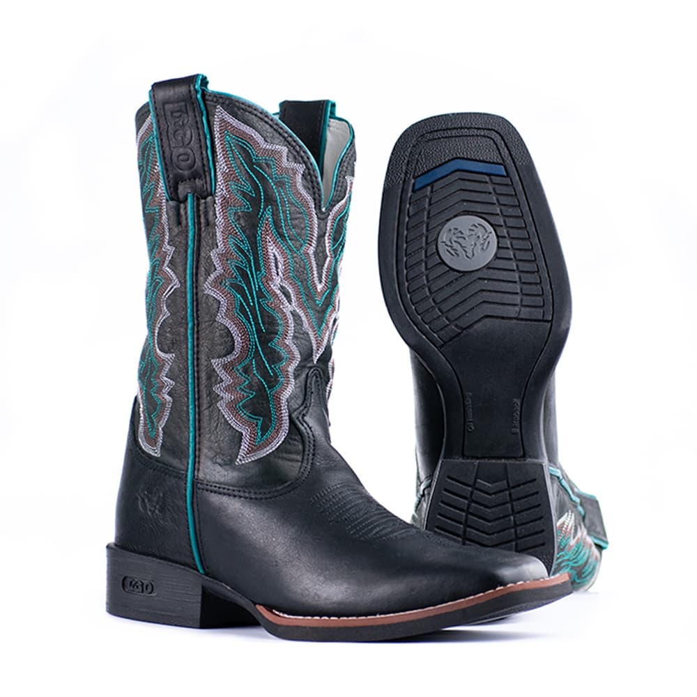 Bota DGO Texana Masculina Bico Quadrado Preto Cano com Costura Verde Country