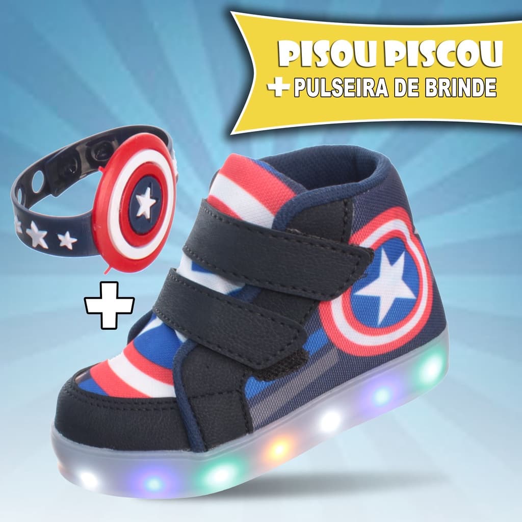 Kit Tenis Calcado com Luz de Led America Azul Meninos Infantil Juvenil Heroi com Pulseira
