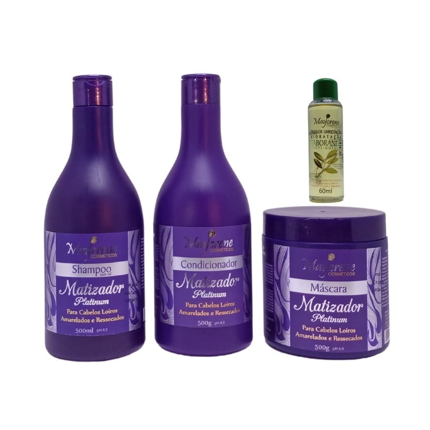 Kit Matizador Platinum Maycrene Loiro Limpo (Shamp + Cond + Másc + Óleo Umectante)