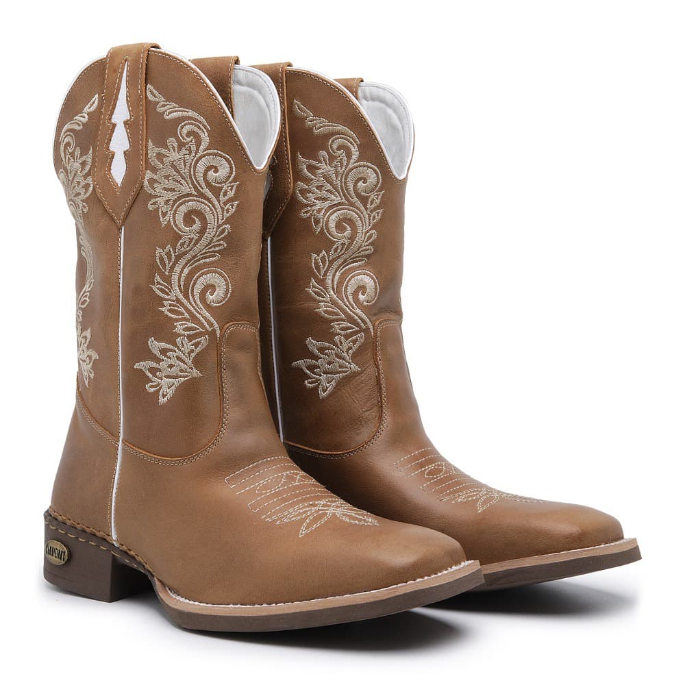 Bota Feminina PRONTA ENTREGA Cano Longo Bico Quadrado Texana Country Bordada Caramelo