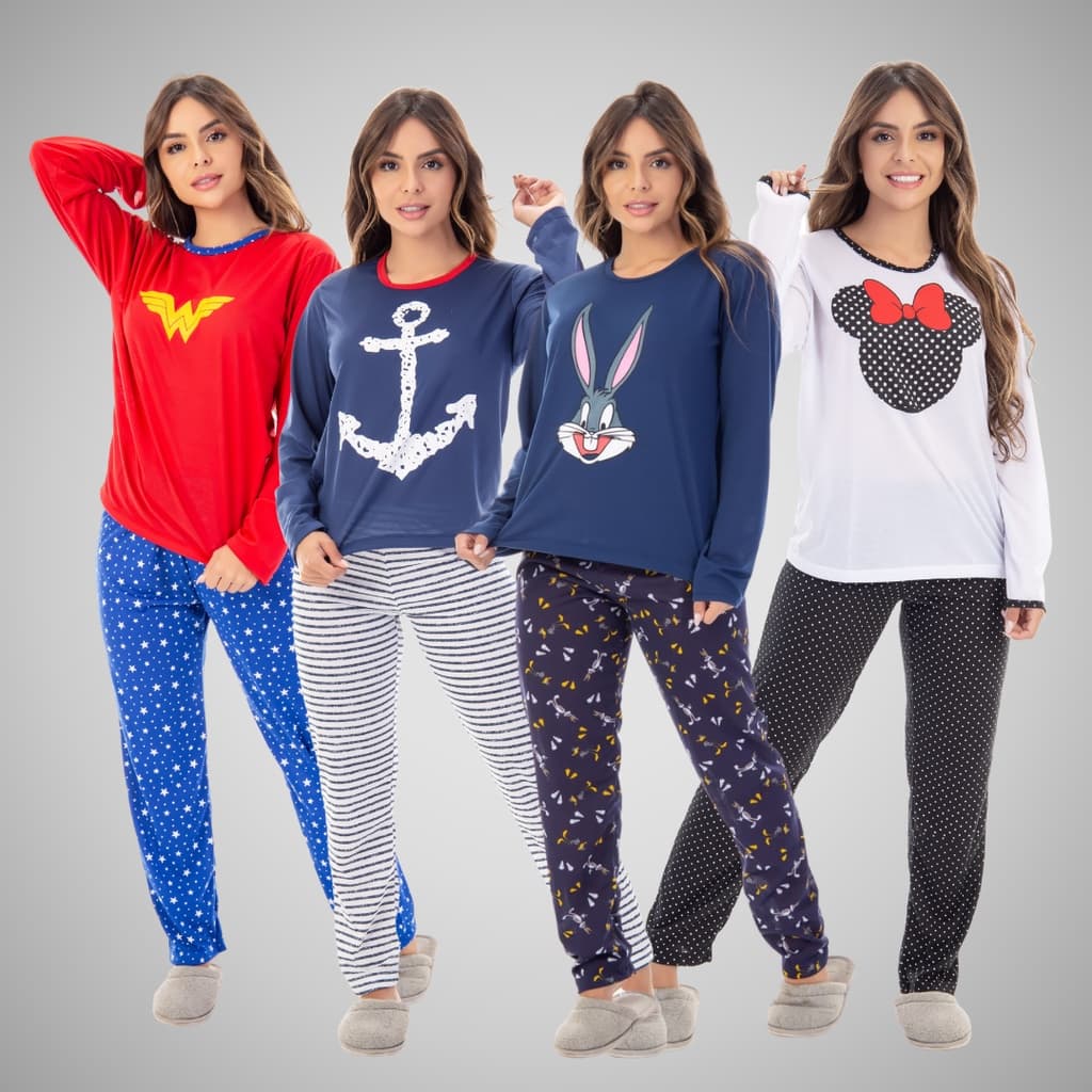 Pijama Longo Conjunto Dormir Estampado Personagens Adulto Feminino Noite Inverno Frio Manga Comprida Confortável 330