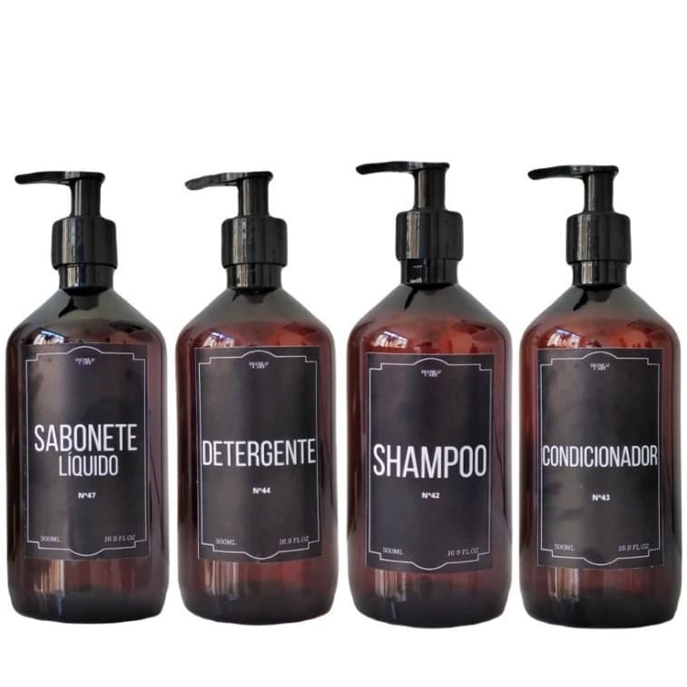Kit Pia Frasco Ambar PET 500ml para Sabonete, Shampoo, Condicionador e Detergente