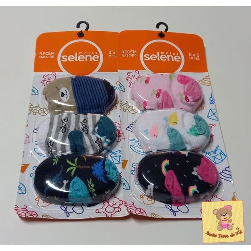Kit 3 pares de meia estampada selene para bebê RN - 0 a 5 meses - menino e menina