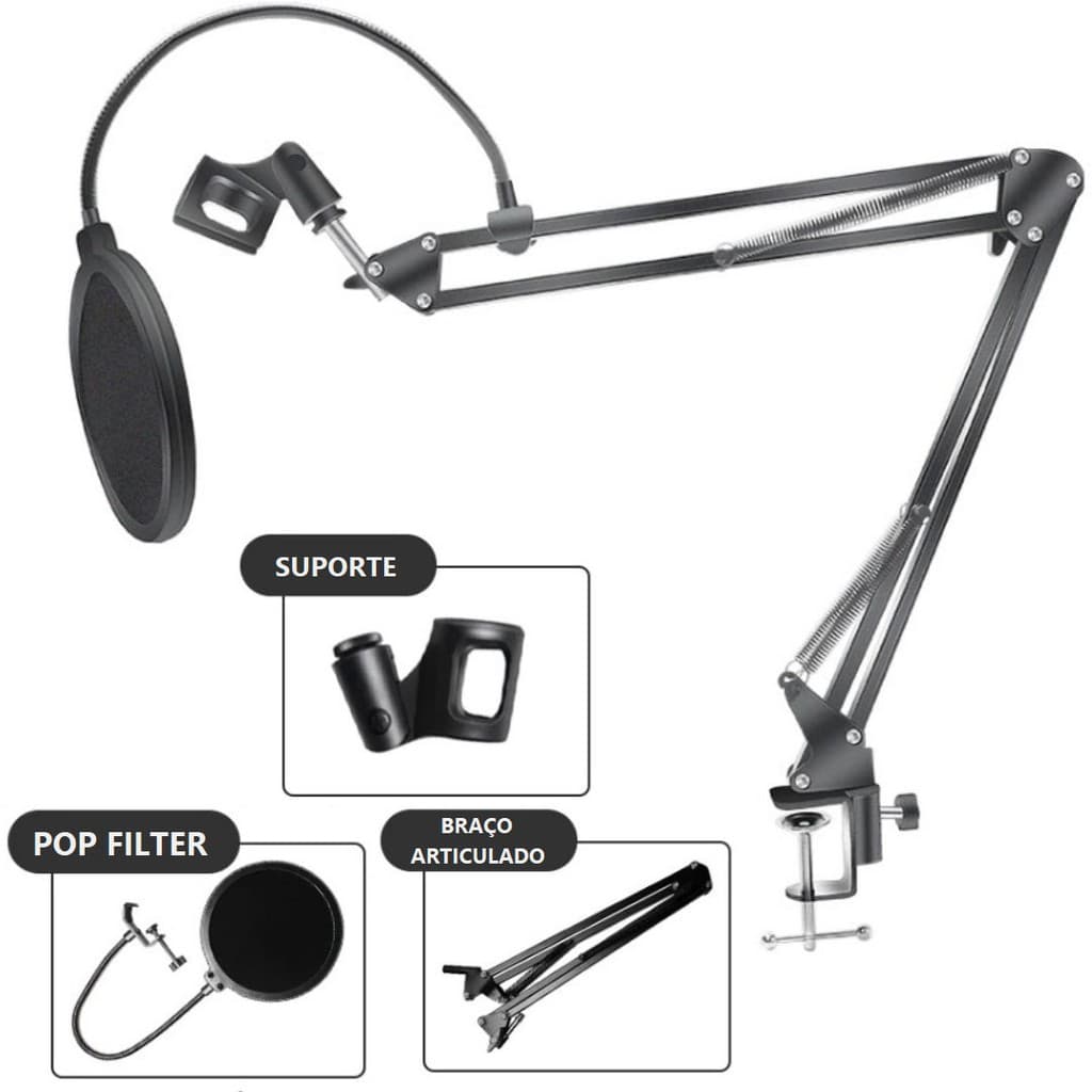 Kit Pedestal Braço Articulado Metal De Mesa Suporte Para Microfone + Pop Filter