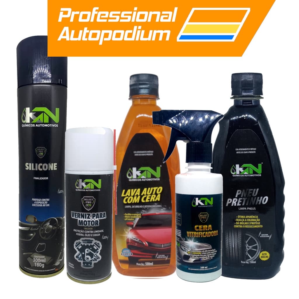 Kit Detalhamento Automotivo 1 Lava Auto + 1 Pretinho de Pneu + 1 Cera Vitrificadora + 1 Verniz de Motor + 1 Silicone Spray