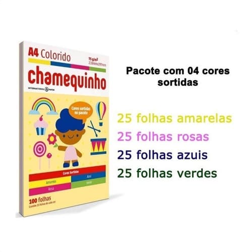 Papel Sulfite Chamequinho Colorido 4 Cores 100 Folhas A4 75g