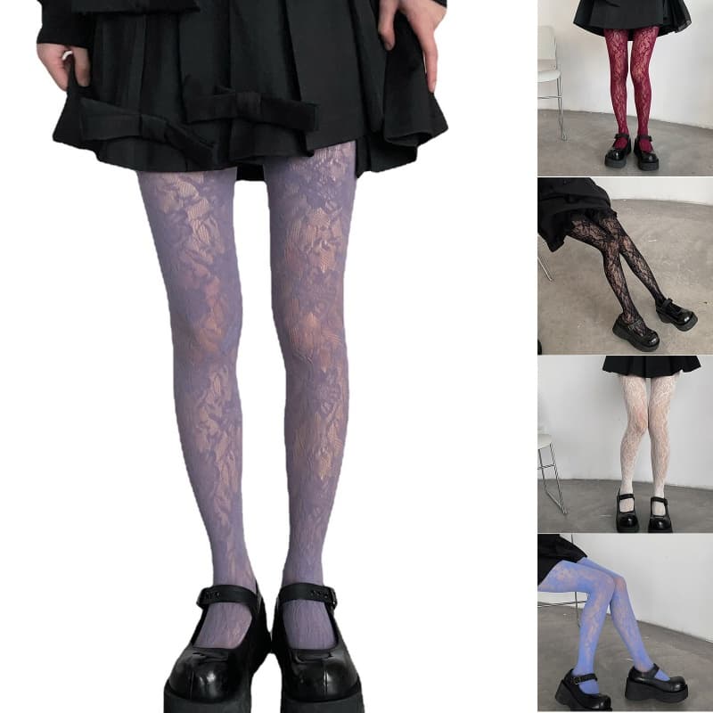 KIN Mulheres Lolita Fishnet Meia-Calça Gótico Estilo Preppy Multicolorido Floral Renda Estampada Meias De Malha Transpar