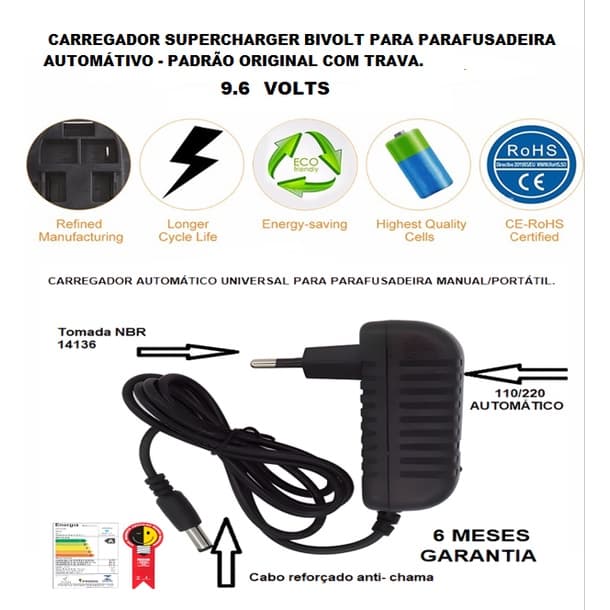 Fonte carregadora Skill Supercharger 9.6 volts bivolt automática com controle de carga flutuante. Fe