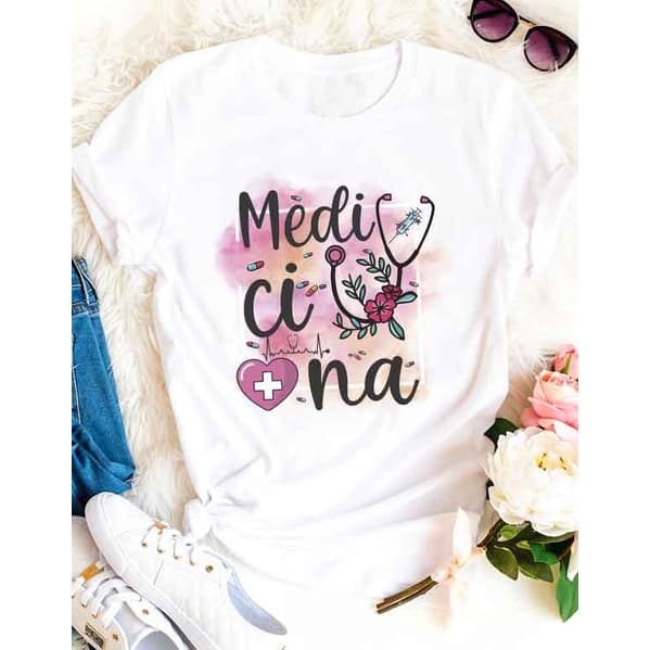 Camiseta Branca 100% Poliéster Tema Medicina, Camiseta Personalizada