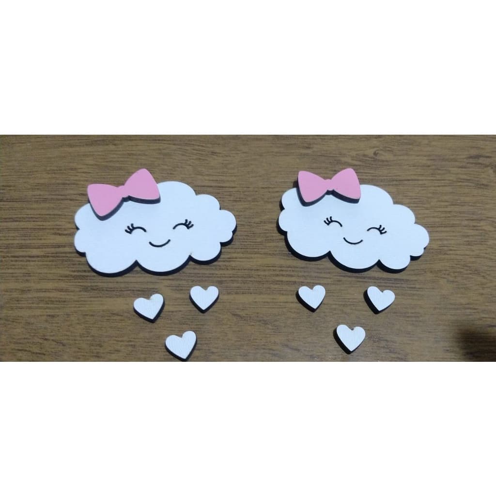 Kit com 10 Nuvens Brancas Laço Rosa MDF