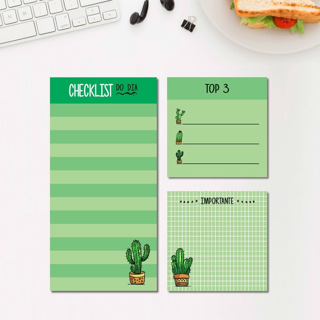 Kit Blocos Anotações Verde Cactos Lembrete
