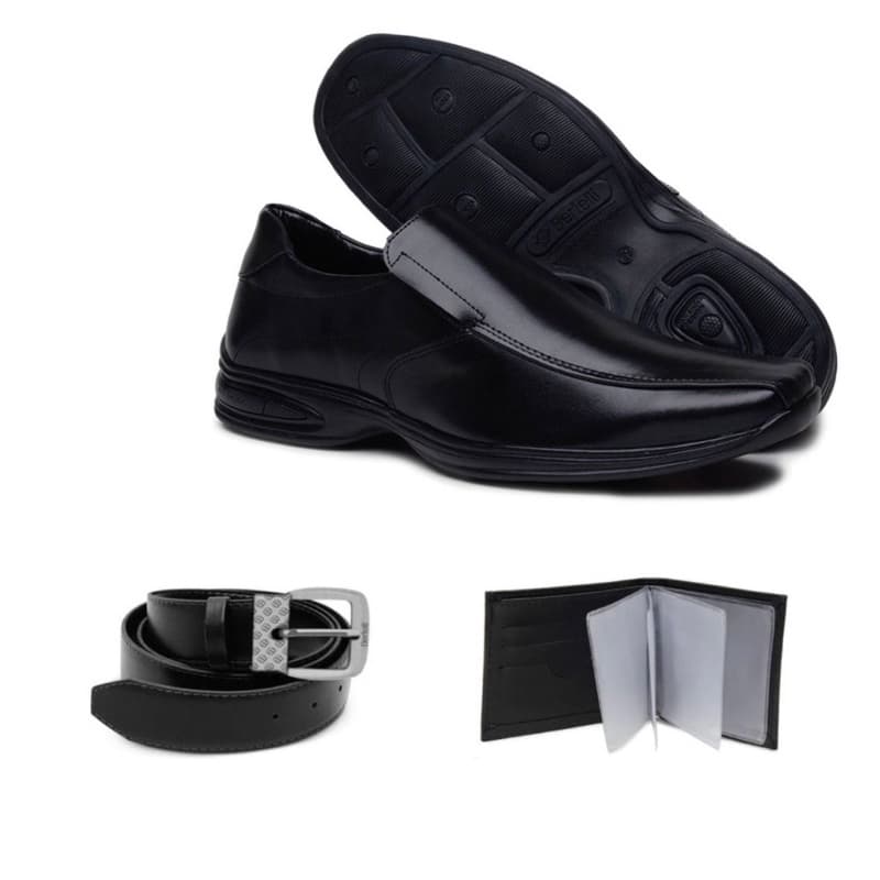 Kit Sapato Social Masculino Ortopédico Antistress de Calce Fácil + Carteira e Cinto