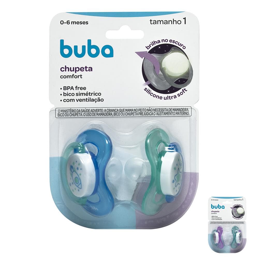 Kit com 2 Chupetas Noturnas Brilha no Escuro com Tampa Protetora Fase 1 Buba