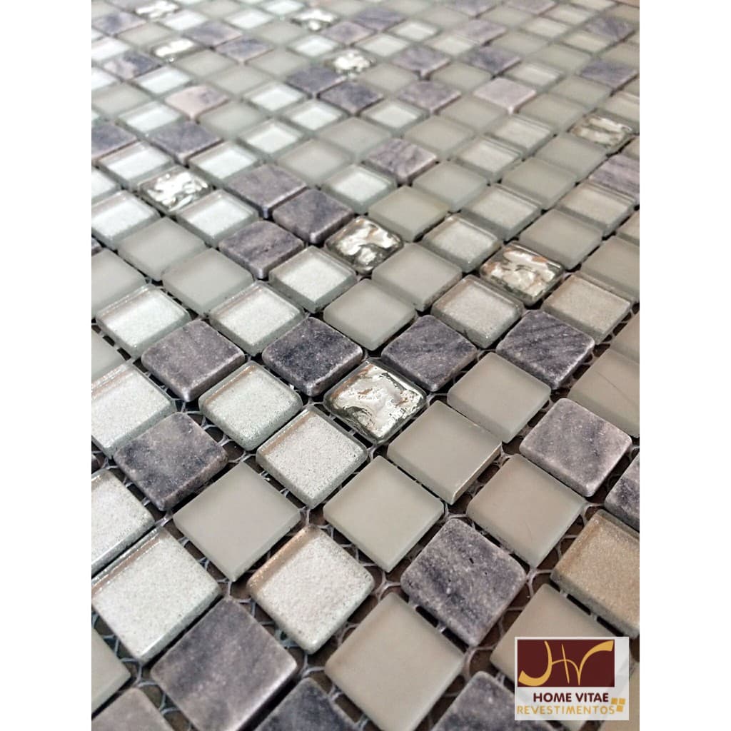 Pastilhas De Vidro Cristal Branca e Prata com  Mármore Azul