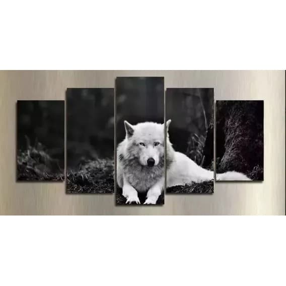 Conjunto de Quadro Mosaico 5 Peças Lobo Branco Hd Preto E Branco para sua sala ou quarto