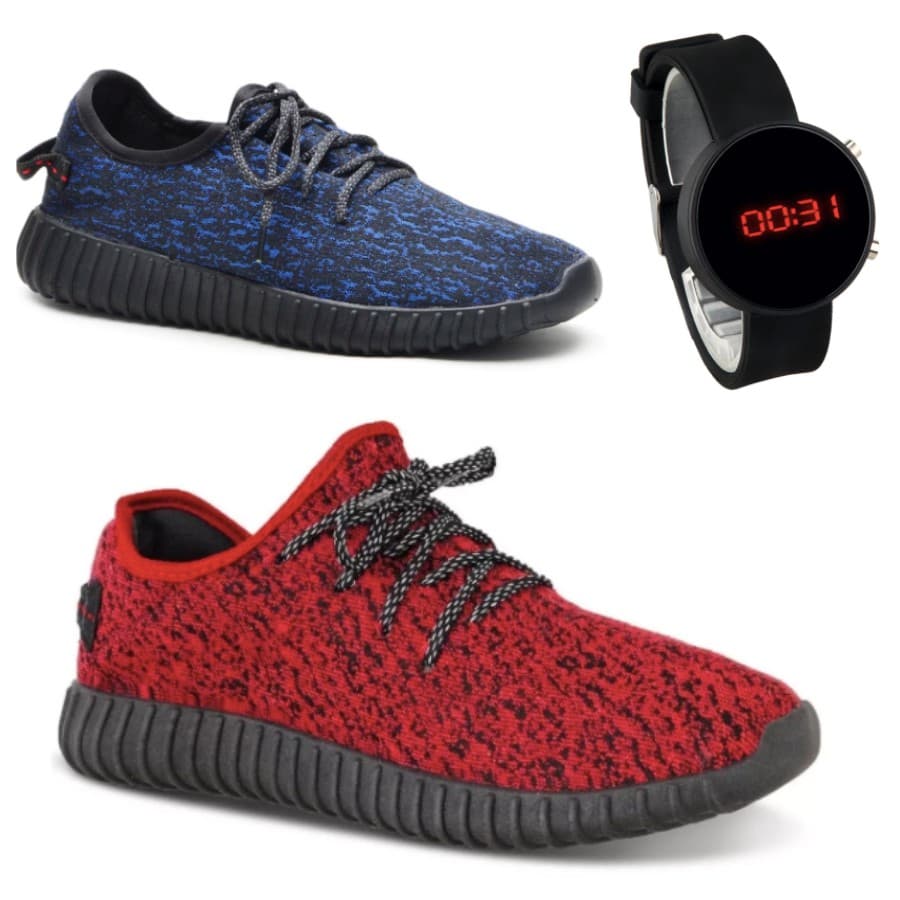 Tênis Masculino Kit 2 Pares Azul e Vermelho + Relógio Brinde Promoção Top