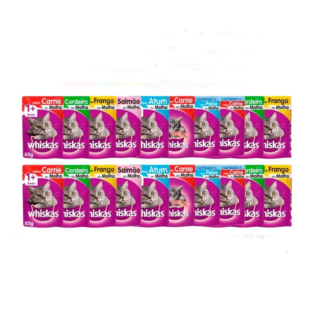 KIT de 20 sache Whiskas Sachê para Gato 85g Sabores Adultos e Filhotes Carne, Peixe, Atum, Cordeiro, Frango, Salmão