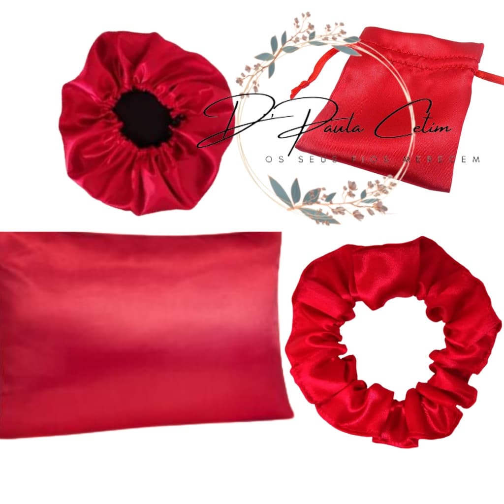 Kit de cetim - 1 touca dupla face + fronha + scrunchie e sacolinha de cetim
