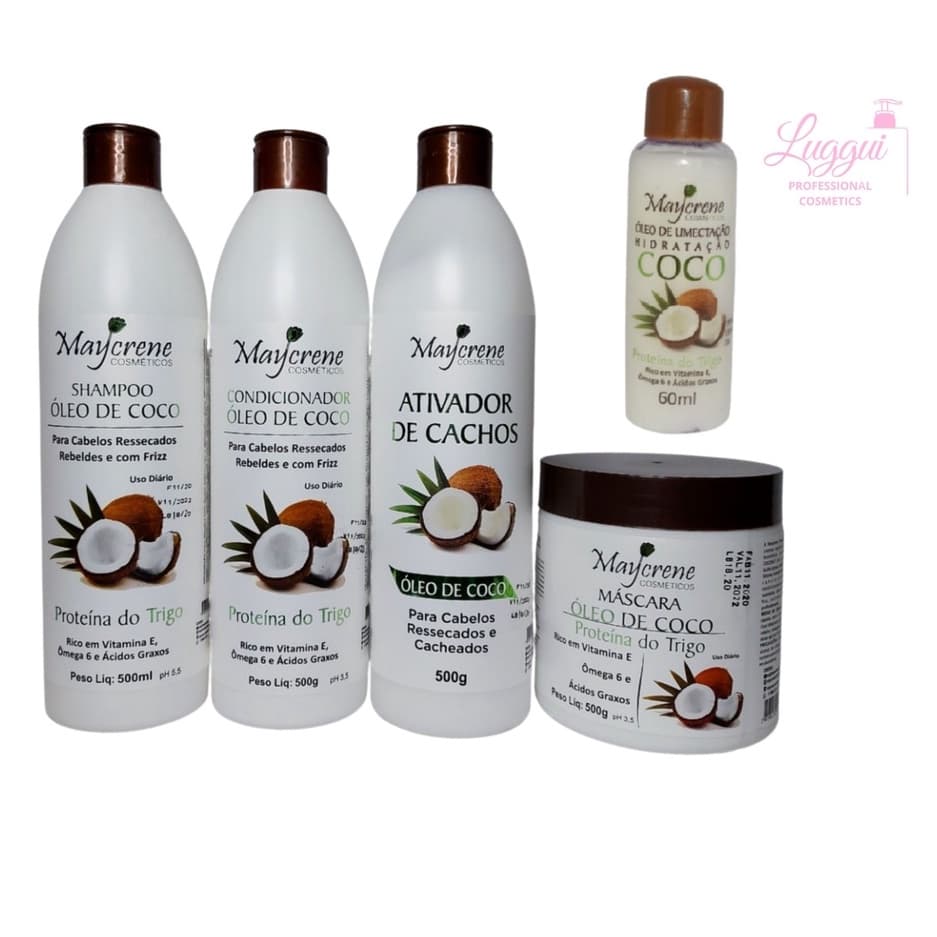 Kit Óleo de Coco Nutrição e hidratação Maycrene 3x500ml Shampoo, Condicionador, Máscara, Ativador de Cachos e Óleo Umectante