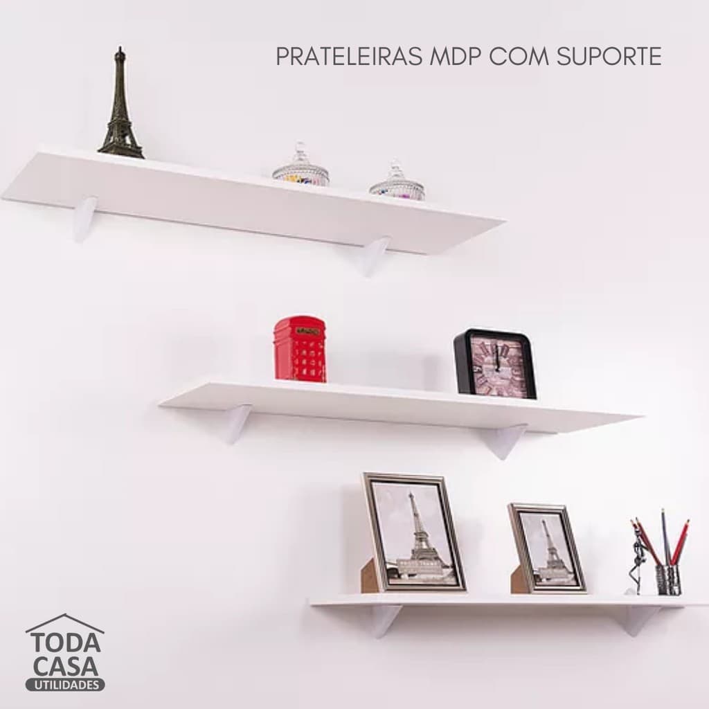 Prateleira de Parede Branca Com Suporte Reta - 20x45cm - Organizador para quarto, sala, cozinha e decoração, Pratefix
