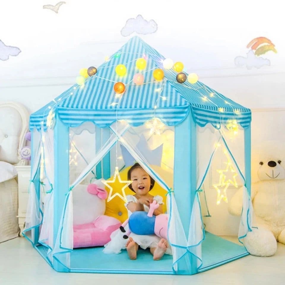 Tenda Barraca Brinquedo Castelo Pequeno Príncipe Toca Cabana Com Luz Led Formato Estrela Azul