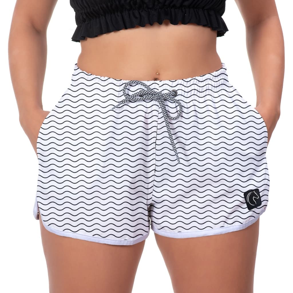 Short Feminino Moda Praia Premium Ondulado Branco Casual Soltinho Com Bolsos Secagem Rápida Verão Piscina