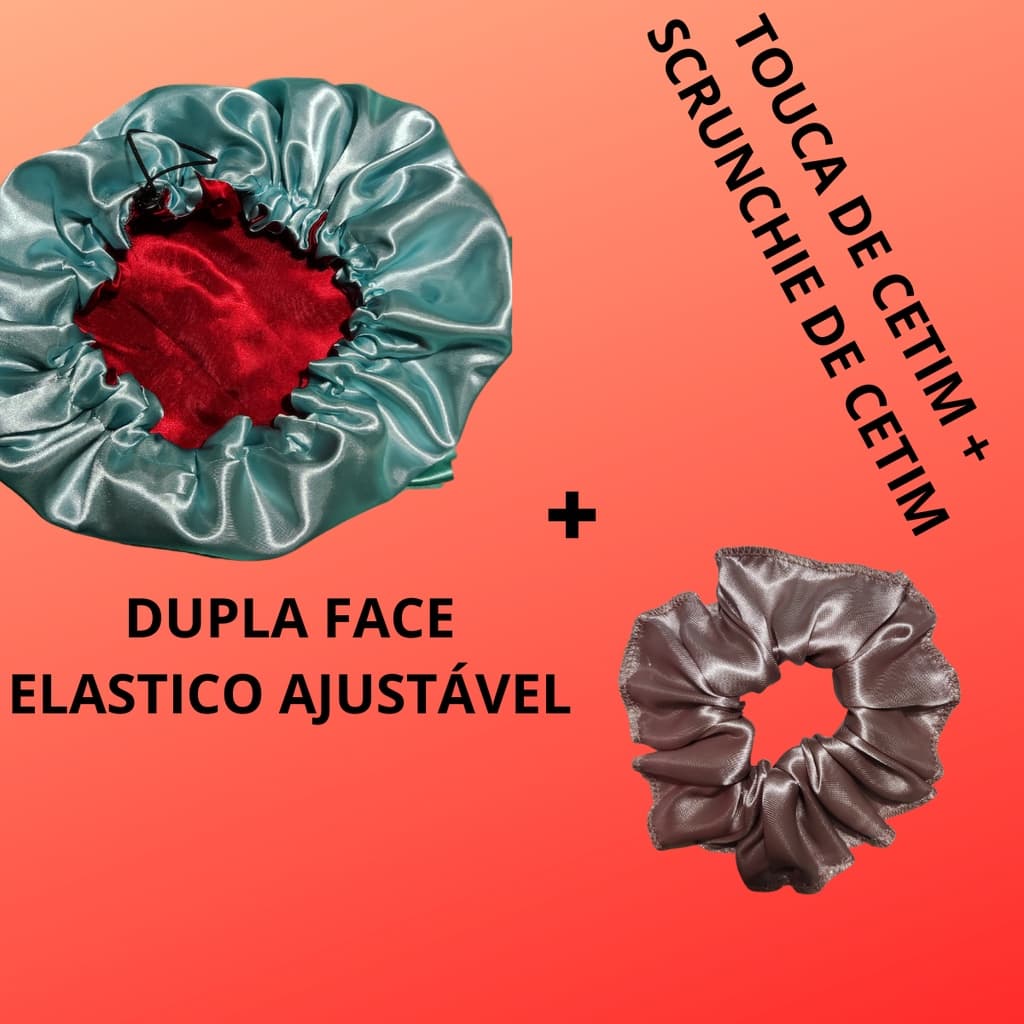Touca de cetim dupla face e com elástico ajustável + scrunchie de cetim anti frizz .