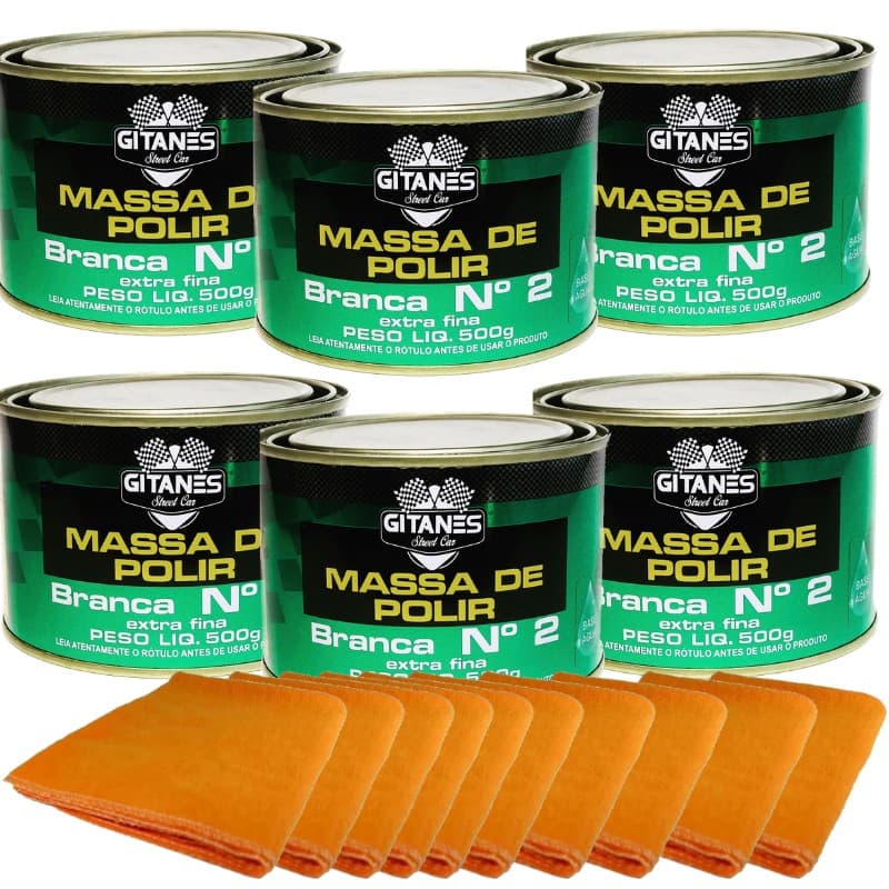 Kit 6 Massas De Polir Branca N2 Gitanes 500g + 10 Flanelas