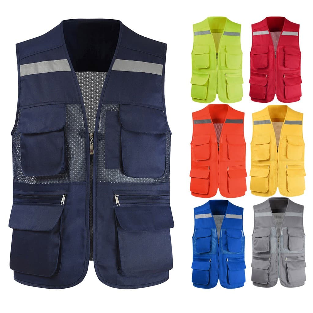 Fotografia Masculina Colete De Trabalho Com Multi-Pockets Exterior Malha Respirável Engenheiro Roupa