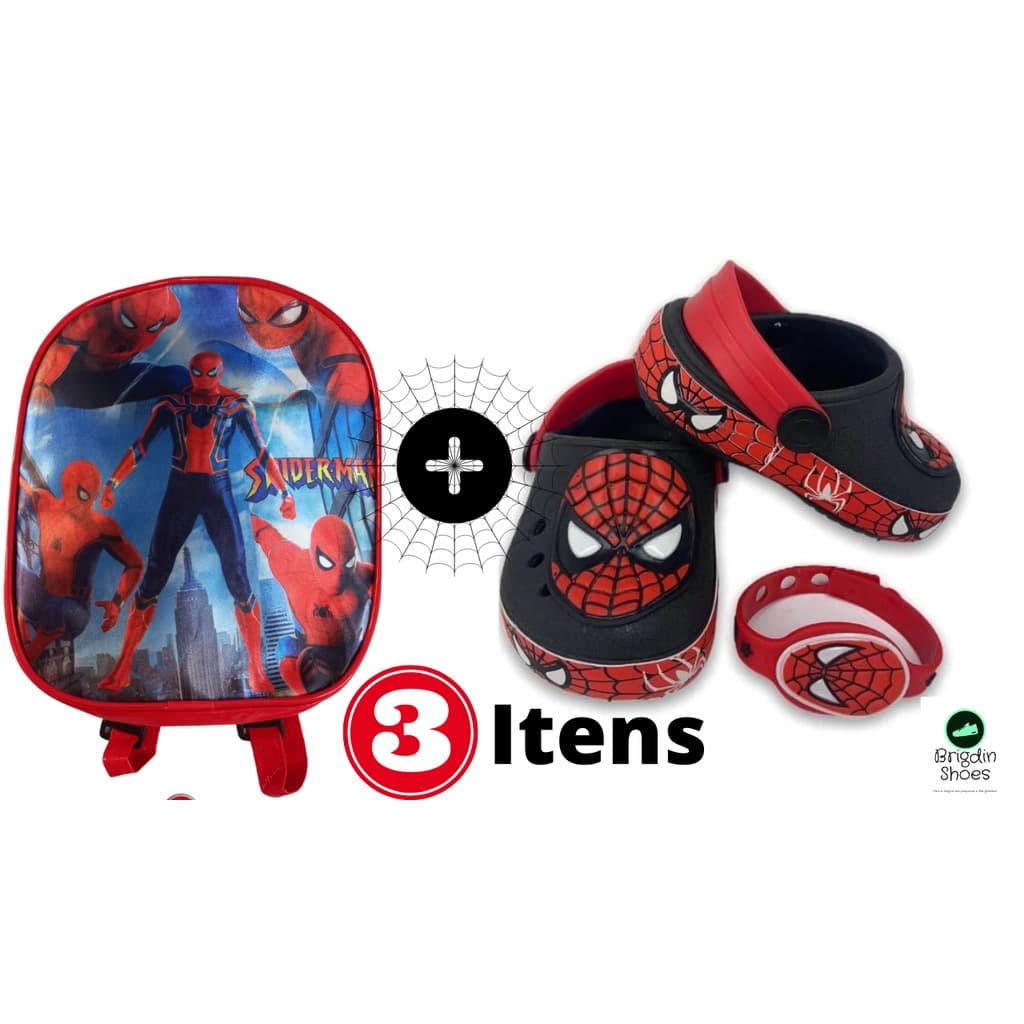 Babuche Infantil Personagem Homem Aranha  Kit 3 itens Mochila + Sandália + Pulseira Minnie e Mickey