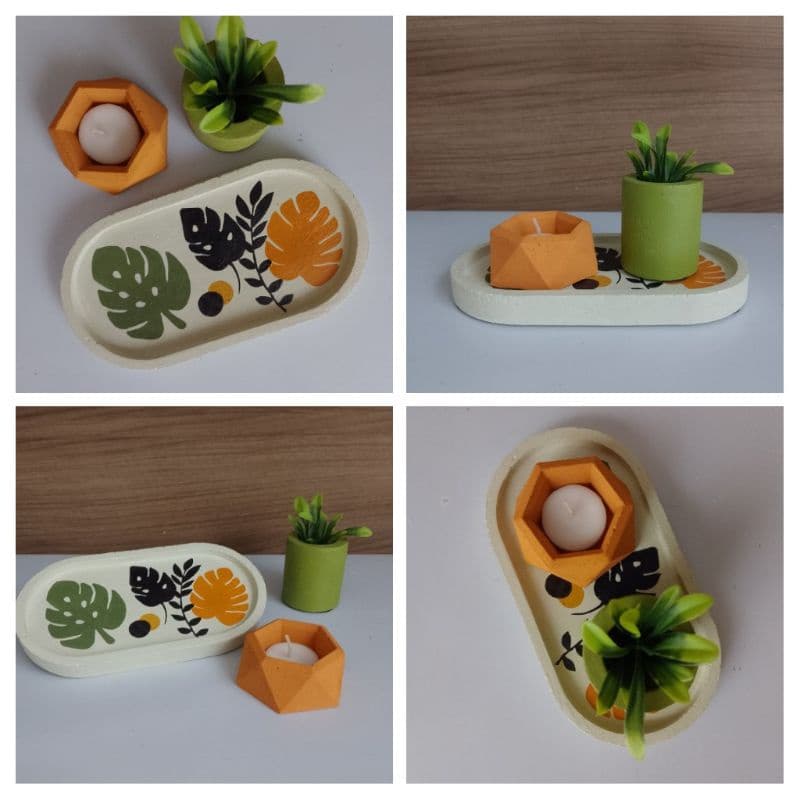 Bandeja + Porta Velas + Vasinho com Planta Artificial feitos em concreto Costela de Adão