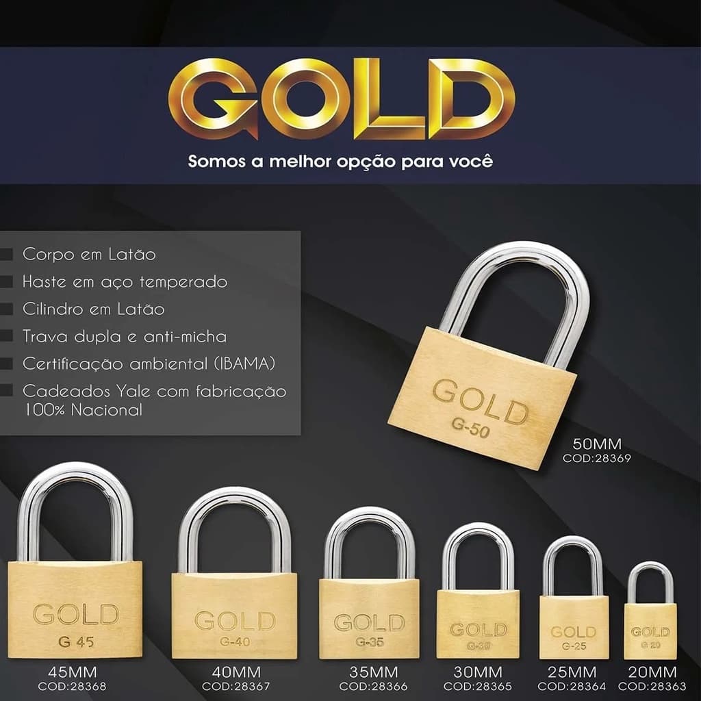 Cadeado 20mm 25mm 30mm 40mm 50mm Gold Latão Zamac