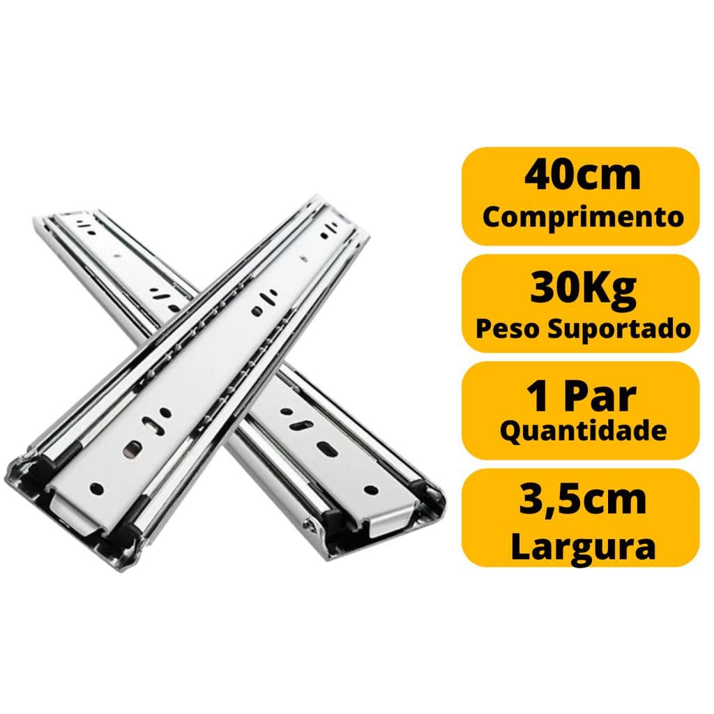 Corrediça Gaveta Trilho Telescópico 40cm 400mm Par 30kg