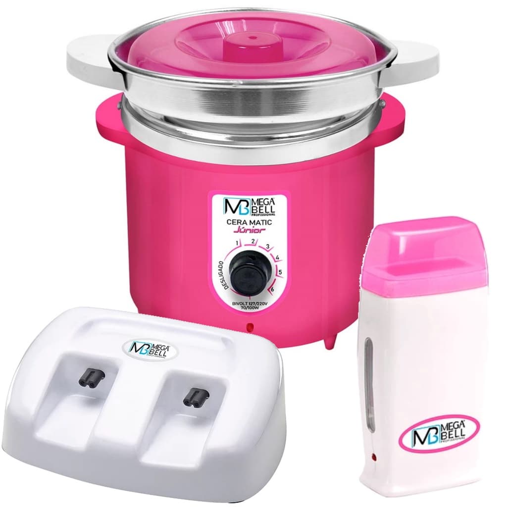Termocera Panela Depilação Toda Rosa 400g c/ Refil + Base Dupla c/ 1 Rollon Branco c/ Rosa Mega Bell