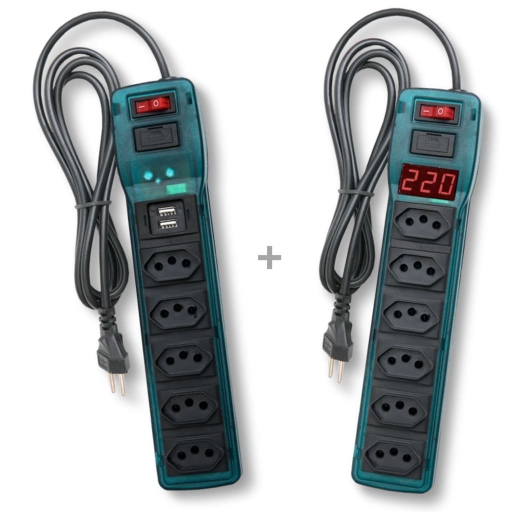 Filtro de 5T com 2 USB e Filtro de Linha 6T Voltímetro Digital Casa Escritório
