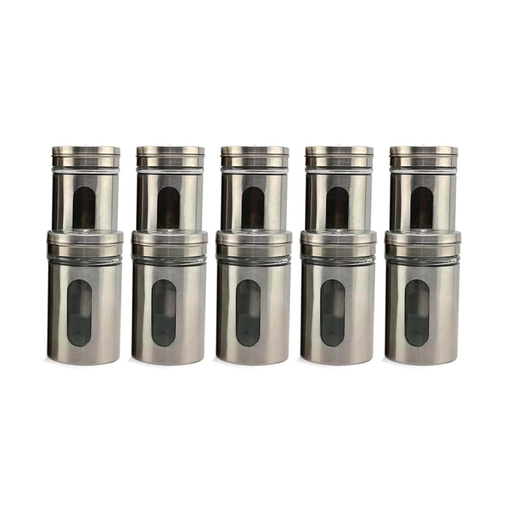 Kit 10 Saleiro Pimenteiro Porta Condimentos Em Vidro e Aço Inox Com Ajuste de Abertura Para Cozinha Restaurante